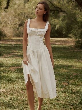 House of CB PHOEBE White Cotton Broderie Anglaise Trim Midi Dress NWT